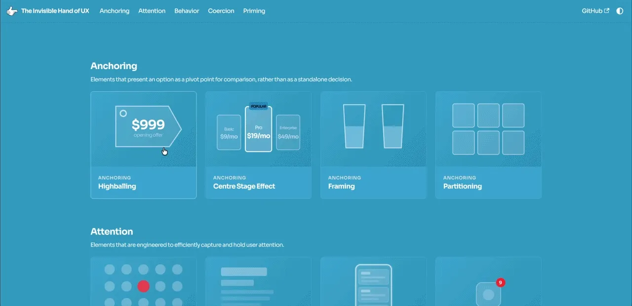 Animated previews, nested in each landing page card.